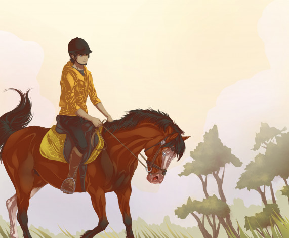 Обои картинки фото рисованные, животные,  лошади, лошадь, всадник