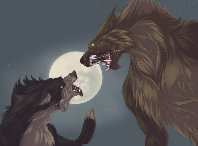 Обои картинки фото рисованные, животные,  волки, луна, волки