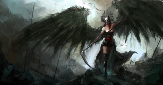 Обои картинки фото фэнтези, ангелы, фантастика, арт, падший, ангел, крылья, шлем, коса, оружие, птицы, мрачно