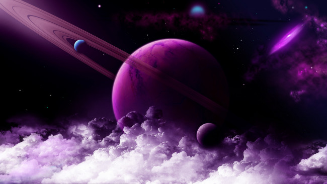 Обои картинки фото космос, арт, планета, нептун, облака, звёзды, галлактика, спутники, фиолетовая
