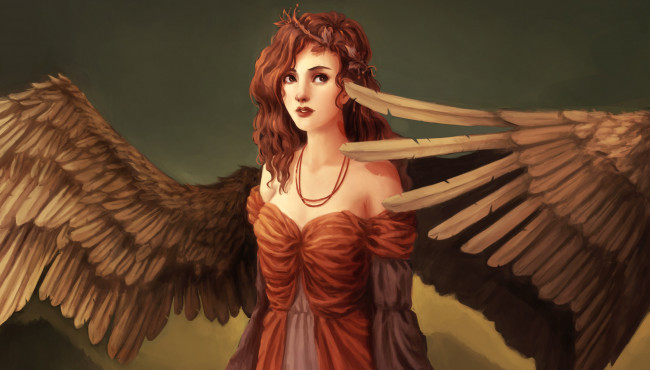 Обои картинки фото фэнтези, ангелы, девушка, крылья, ангел, платье, лицо, взгляд, глаза, волосы, рыжая, кудри