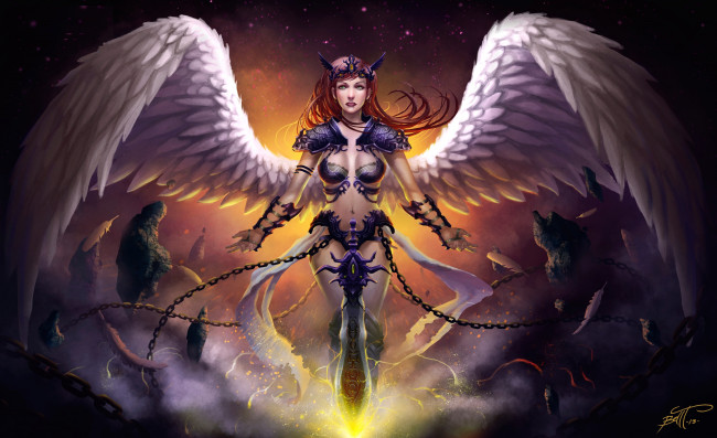Обои картинки фото фэнтези, ангелы, крылья, ангел, взгляд, оружие, девушка, меч, волосы, цепи