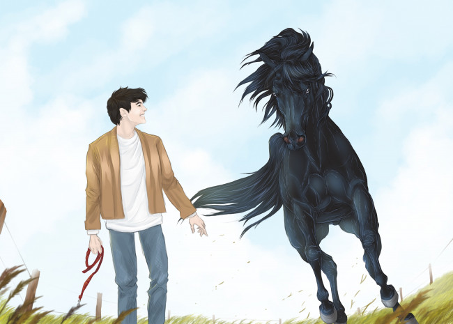 Обои картинки фото рисованные, животные,  лошади, мальчик, лошадь