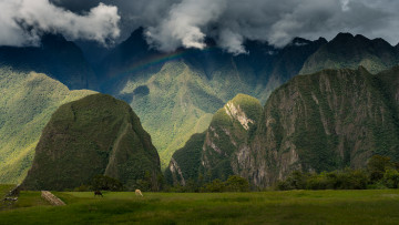 Картинка природа горы города небо древнего руины святилище мачу-пикчу перу историческое peru machu picchu радуга