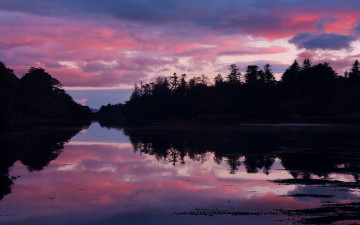 Картинка природа реки озера ирландия озеро берег лес деревья вечер закат небо облака отражение