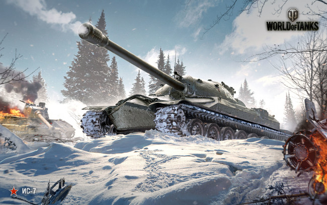 Обои картинки фото видео игры, мир танков , world of tanks, is-7, ствол, танк, облака, небо, обломки, деревья, пламя, огонь, дым, снег, зима, железо, тяжёлый