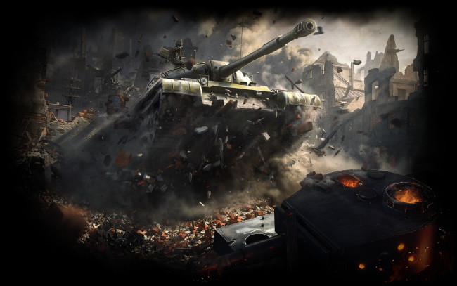 Обои картинки фото видео игры, мир танков , world of tanks, железо, ствол, танки, огонь, пламя, дым, пыль, небо, руины, дома, здание
