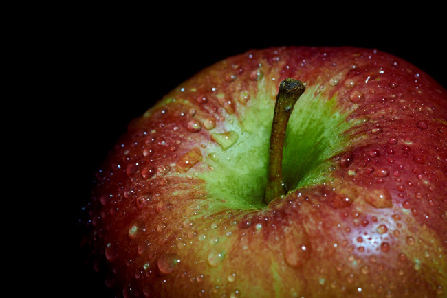 Обои картинки фото еда, Яблоки, хвостик, макро, капли, яблоко