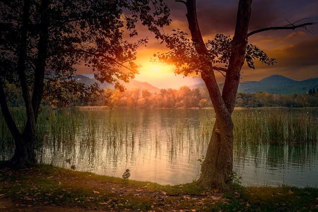 Обои картинки фото природа, восходы, закаты, зарево, озеро, горы