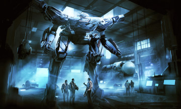 Картинка фэнтези роботы +киборги +механизмы люди арт пилот оружие ангар фантастика робот