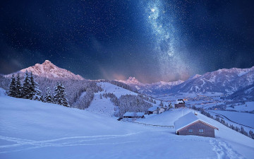 Картинка города -+пейзажи снег зима небо дома горы звезды
