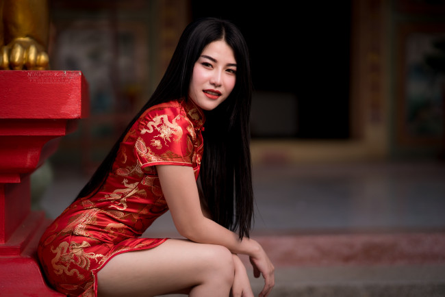 Обои картинки фото девушки, -unsort , азиатки, платье, длинные, волосы