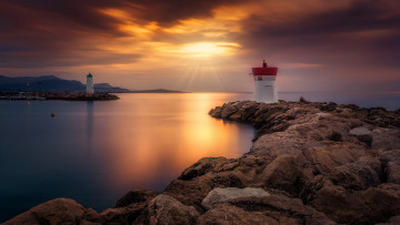 Картинка природа маяки море скалы закат