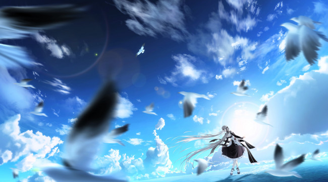 Обои картинки фото аниме, azur lane, девушка, голуби, небо, облака