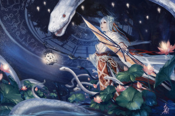 Картинка фэнтези красавицы чудовища веер змеи девушка магия кувшишки пруд фонарь