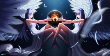 Картинка аниме angels demons перья симметрия пламя сфера крылья ангелы девушки