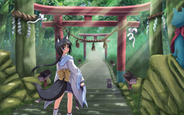 Картинка аниме animals девочка неко уши хвост кот лестница ступеньки пейзаж храм