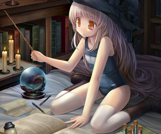 Обои картинки фото аниме, halloween, magic, девочка, книги, палочка, шар, сфера, свечи, постель, ведьма, шляпа