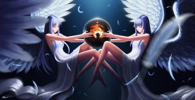 Обои картинки фото аниме, angels, demons, перья, симметрия, пламя, сфера, крылья, ангелы, девушки