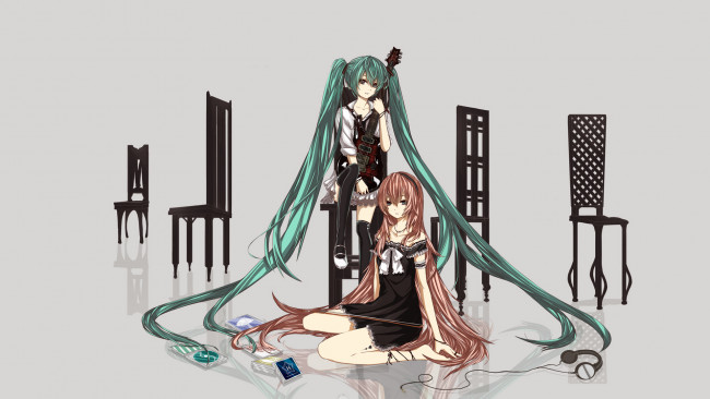 Обои картинки фото аниме, vocaloid, air, hatsune, miku, megurine, luka