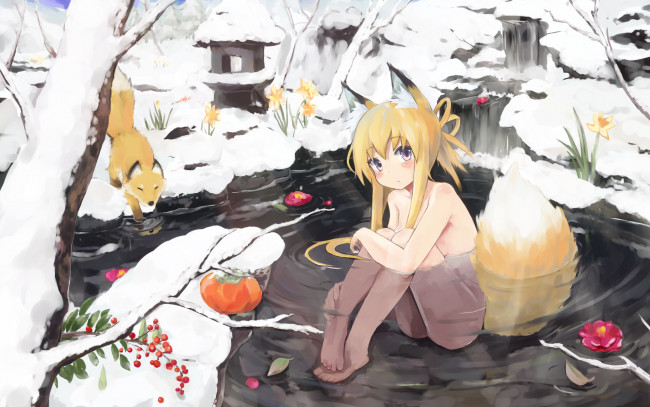 Обои картинки фото аниме, animals, вода, зима, девушка, лиса, лис, неко, уши, хвост, ягоды, снег, цветы