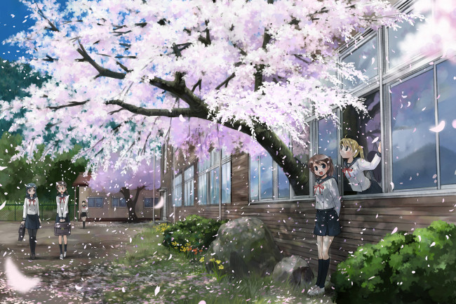 Обои картинки фото аниме, *unknown, другое, девушки, школа, сакура, листья