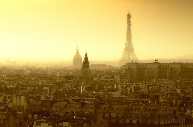 Обои картинки фото города, париж, франция, рассвет, панорама, башня, здания, дымка