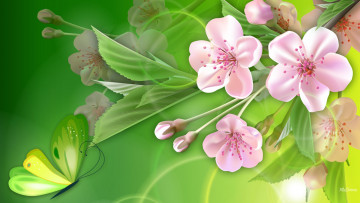 Картинка рисованные цветы ветка лепестки бабочка