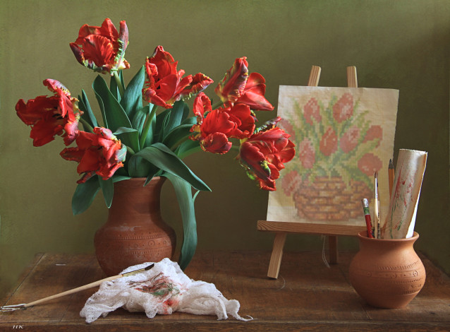 Обои картинки фото цветы, тюльпаны, мольберт, букет