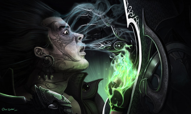 Обои картинки фото видео игры, diablo iii,  reaper of souls, дьявол, высасывает, парень, серьга, зелёное, пламя, тату