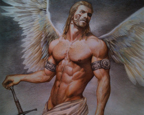 Картинка фэнтези ангелы ангел мужчина крылья меч торс тело мускулы