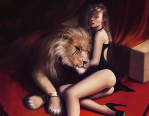 Картинка рисованное люди девушка макияж волосы поза каблуки туфли животное хищник лев грива