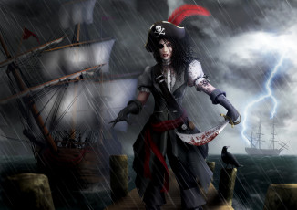 Картинка фэнтези девушки арт девушка пират причал дождь ворон