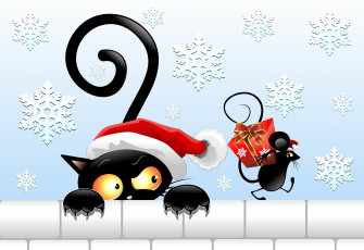 Картинка векторная+графика животные+ animals шапка подарок черный кот новый год хвост взгляд мышка