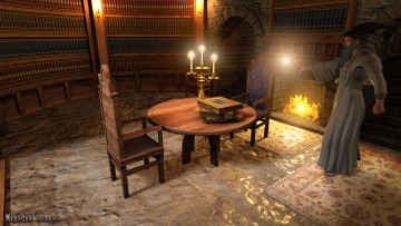 Картинка 3д+графика фантазия+ fantasy книги стул свечи стол камин магия старик комната