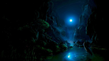 Картинка рисованное природа цапля озеро ночь