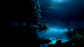 обоя рисованное, природа, лебеди, озеро, ночь
