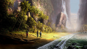 Картинка рисованное природа скалы пальмы море лодка люди