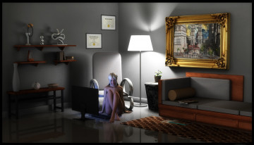 Картинка 3д+графика люди+ people картина светильник диван фон взгляд девушка