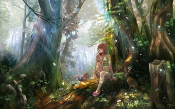 Картинка аниме животные +существа деревья заец белка лес девушка