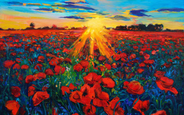Картинка рисованное живопись пейзаж цветы природа солнце небо