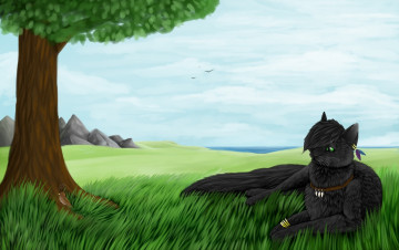 Картинка рисованное животные +коты дерево взгляд трава фон кошка