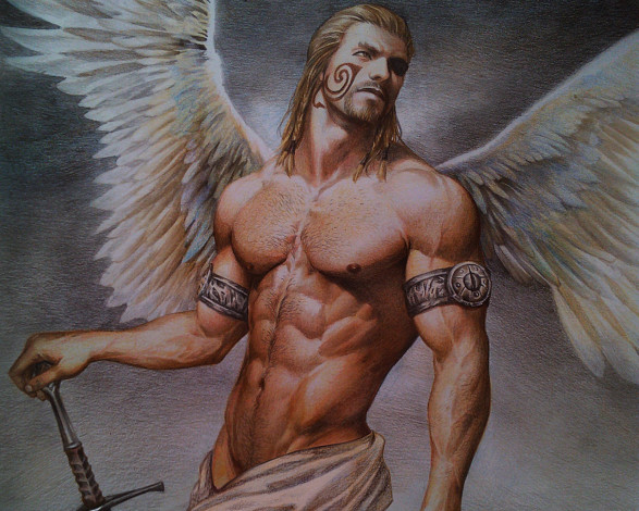 Обои картинки фото фэнтези, ангелы, ангел, мужчина, крылья, меч, торс, тело, мускулы