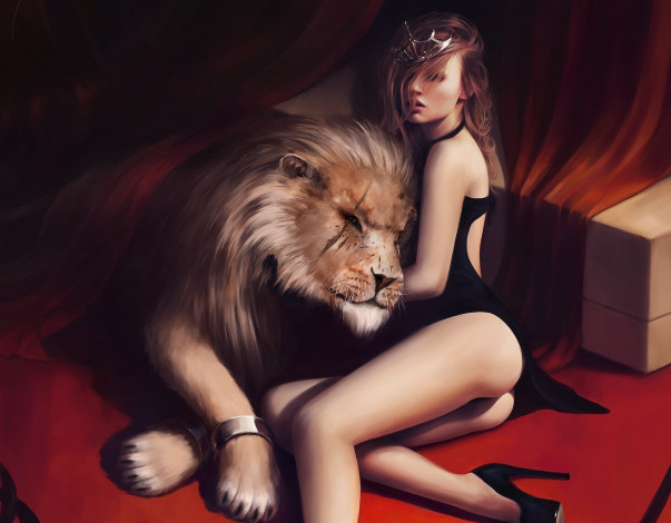 Обои картинки фото рисованное, люди, девушка, макияж, волосы, поза, каблуки, туфли, животное, хищник, лев, грива