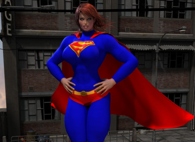 Обои картинки фото 3д графика, фантазия , fantasy, девушка, супермен, рыжая, фон, взгляд