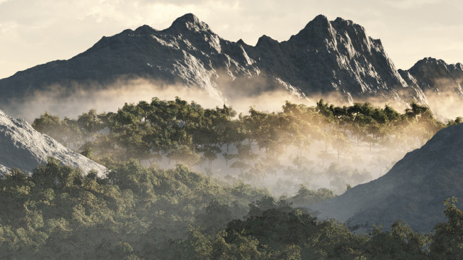 Обои картинки фото 3д графика, природа , nature, горы, лес, туман