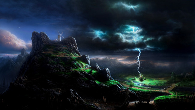 Обои картинки фото рисованное, природа, тучи, горы, телега, мужик, мельница, скала, молния, ночь, стихия