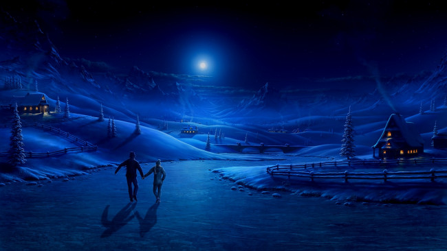Обои картинки фото рисованное, природа, зима, луна, пара, люди, озеро, каток, ночь