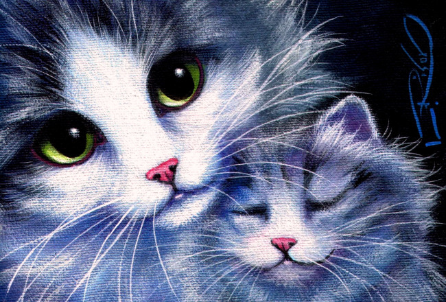 Обои картинки фото рисованное, животные,  коты, мел, взгляд, кошка, котенок