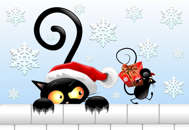 Обои картинки фото векторная графика, животные , animals, шапка, подарок, черный, кот, новый, год, хвост, взгляд, мышка